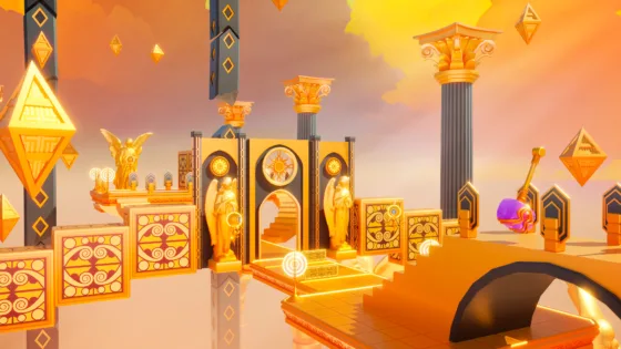 Golden celestial temple complex with ornate columns and decorative panels for heaven platformer game assets, featuring angelic architecture and mythology game pack elements