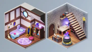 Nautical ship cabin with wooden interior and porthole window paired with wizard's magical study featuring glowing orb and spell books