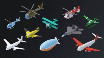 Low poly isometric 3D aircraft collection featuring planes, helicopters, jets and aviation vehicles for transport pack