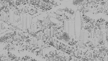 3D low poly city wireframe blueprint showing complete urban landscape with buildings, infrastructure, and city planning in technical line art style