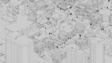 3D low poly detailed city wireframe section featuring architectural blueprints, building structures, and urban planning elements in technical drawing style